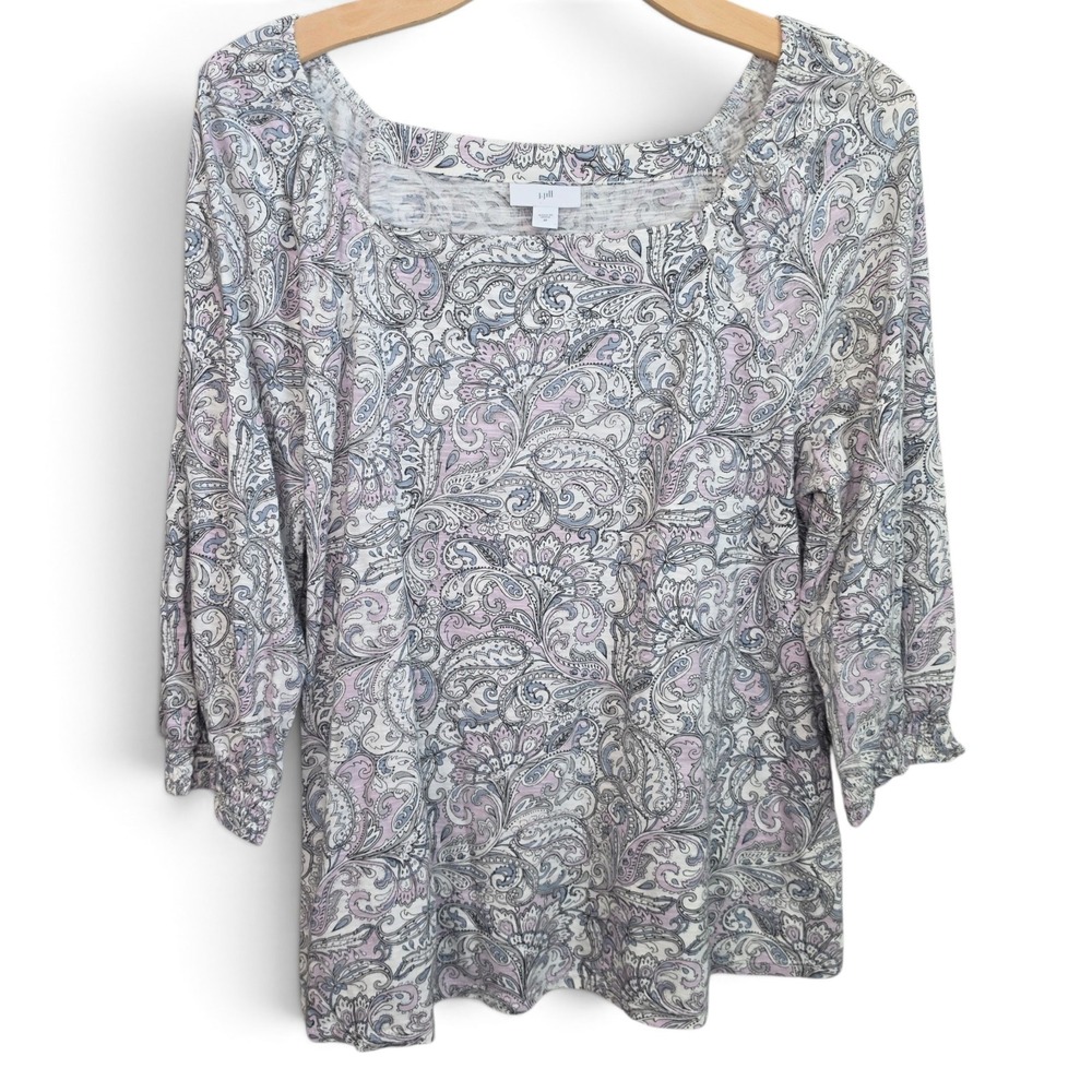 J. Jill Womens Top Medium M Purple Paisley Floral Square Neck 3/4 Sleeve Blouse